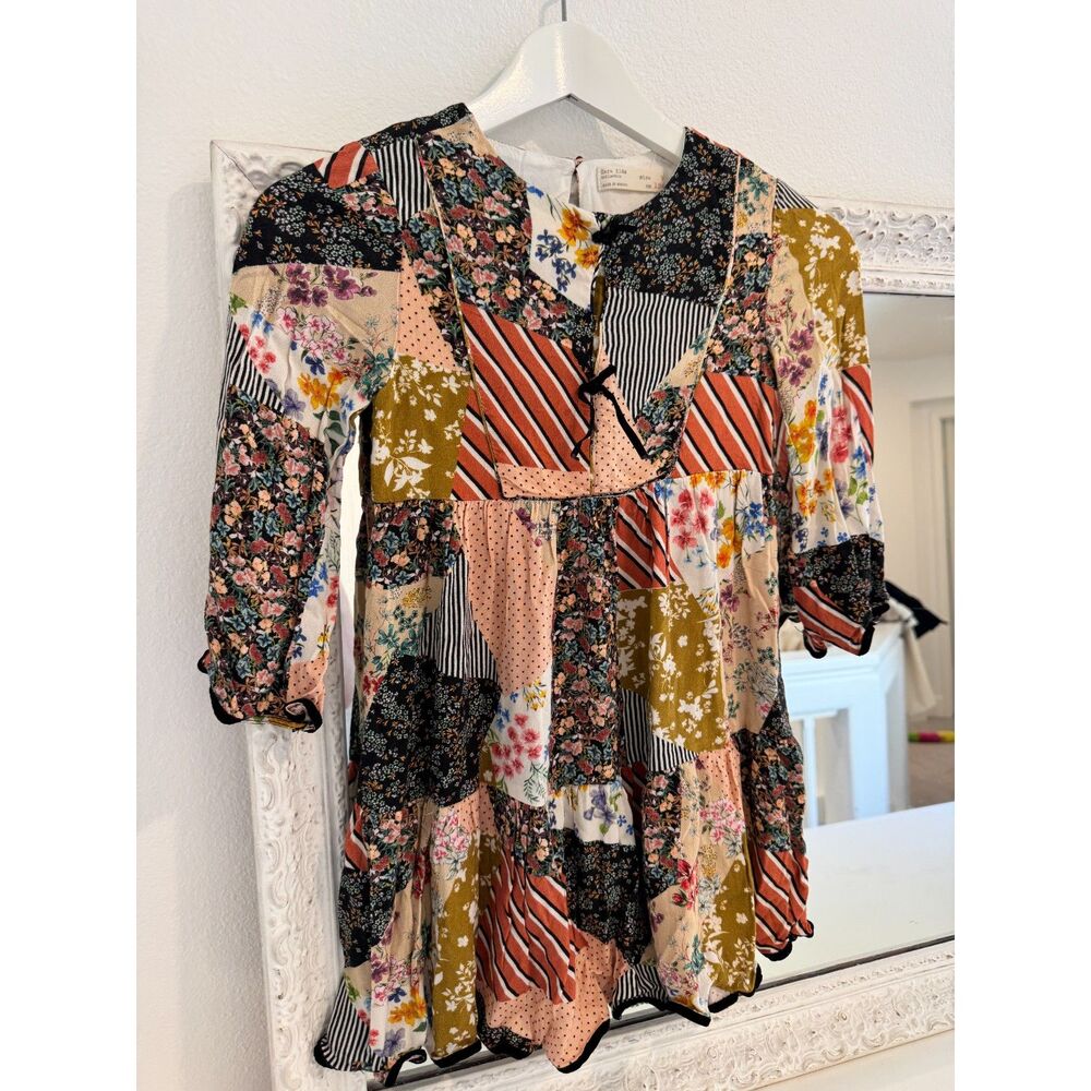 Zara Girl’s Patchwork Floral Print Tiered Long Sleeve Boho Peasant Dress Size 9